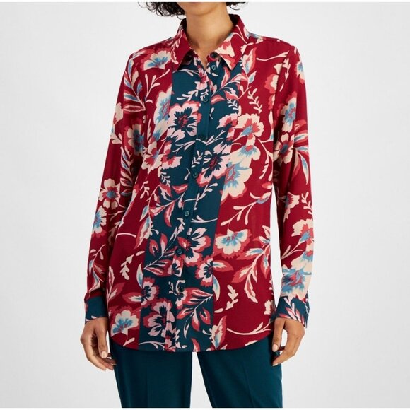 Tahari Asl Womens Printed Long Sleeves Satin Shirt Mulberry Multi Size M NWT - Picture 1 of 2